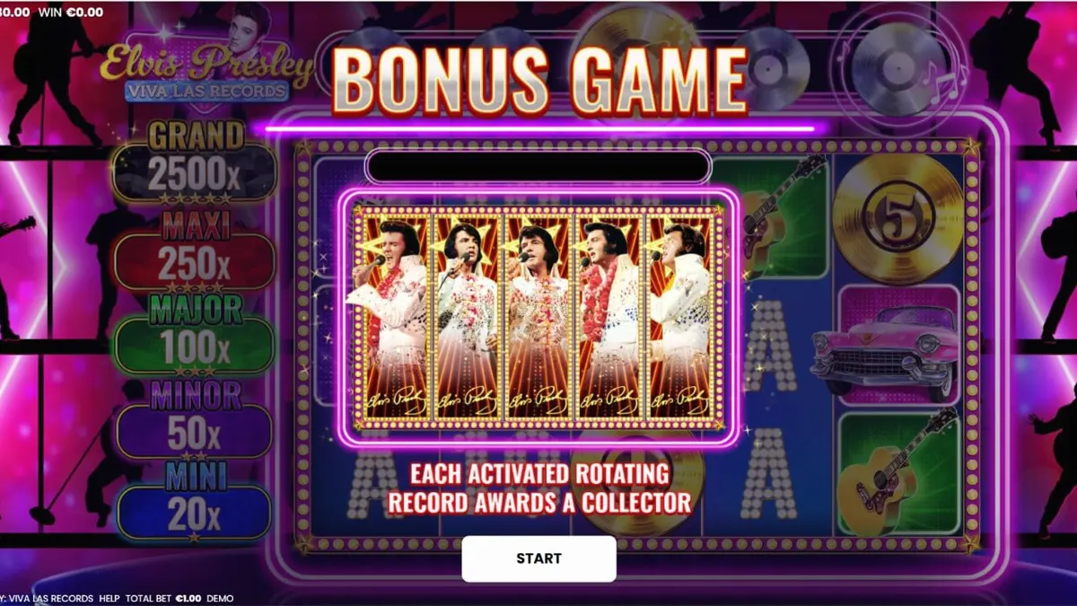 Tampilan visual slot Elvis Presley: Viva Las Records dengan nuansa neon Vegas